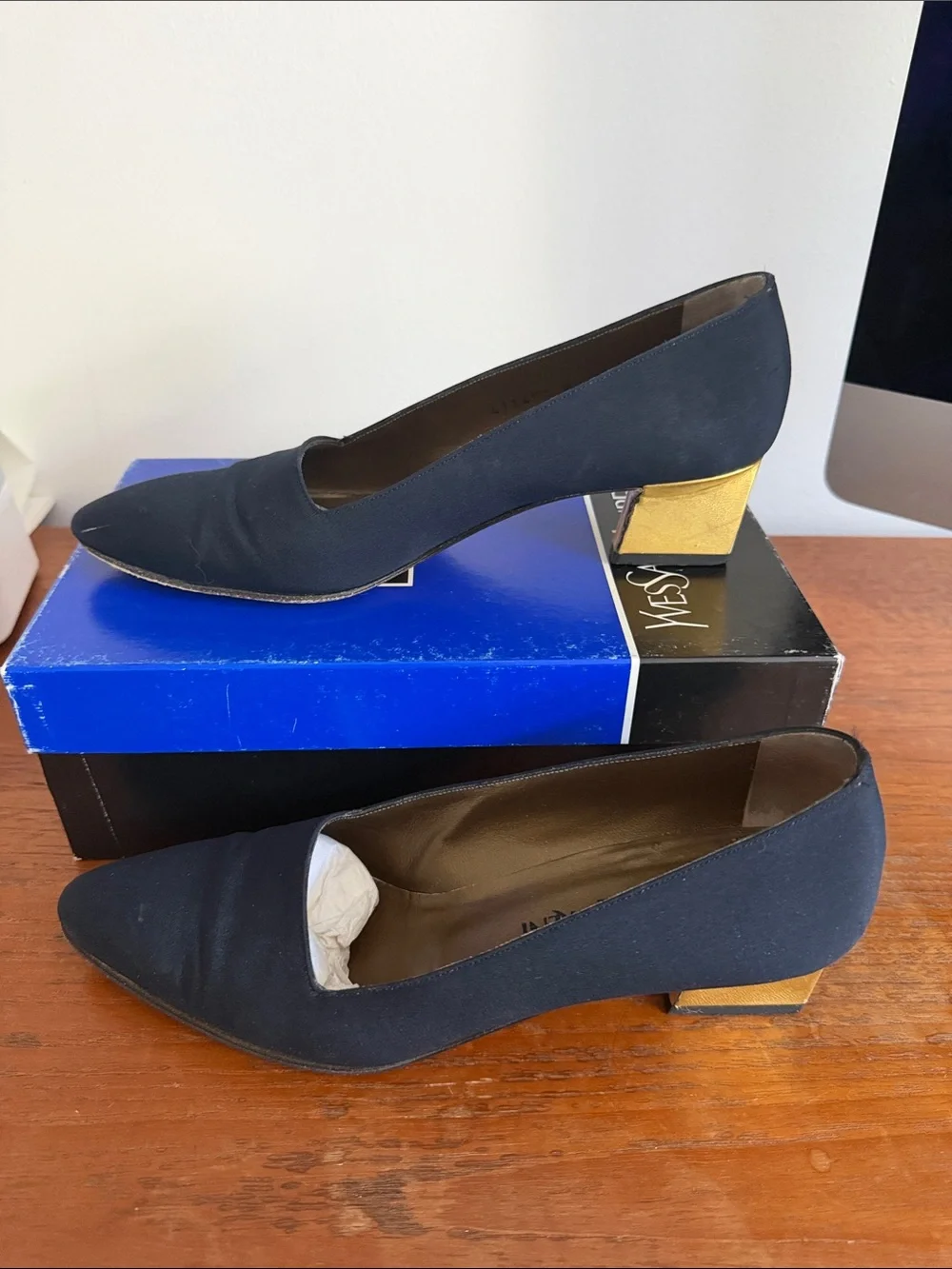 Yves Saint Laurent Navy Pumps with Gold Block Heel
